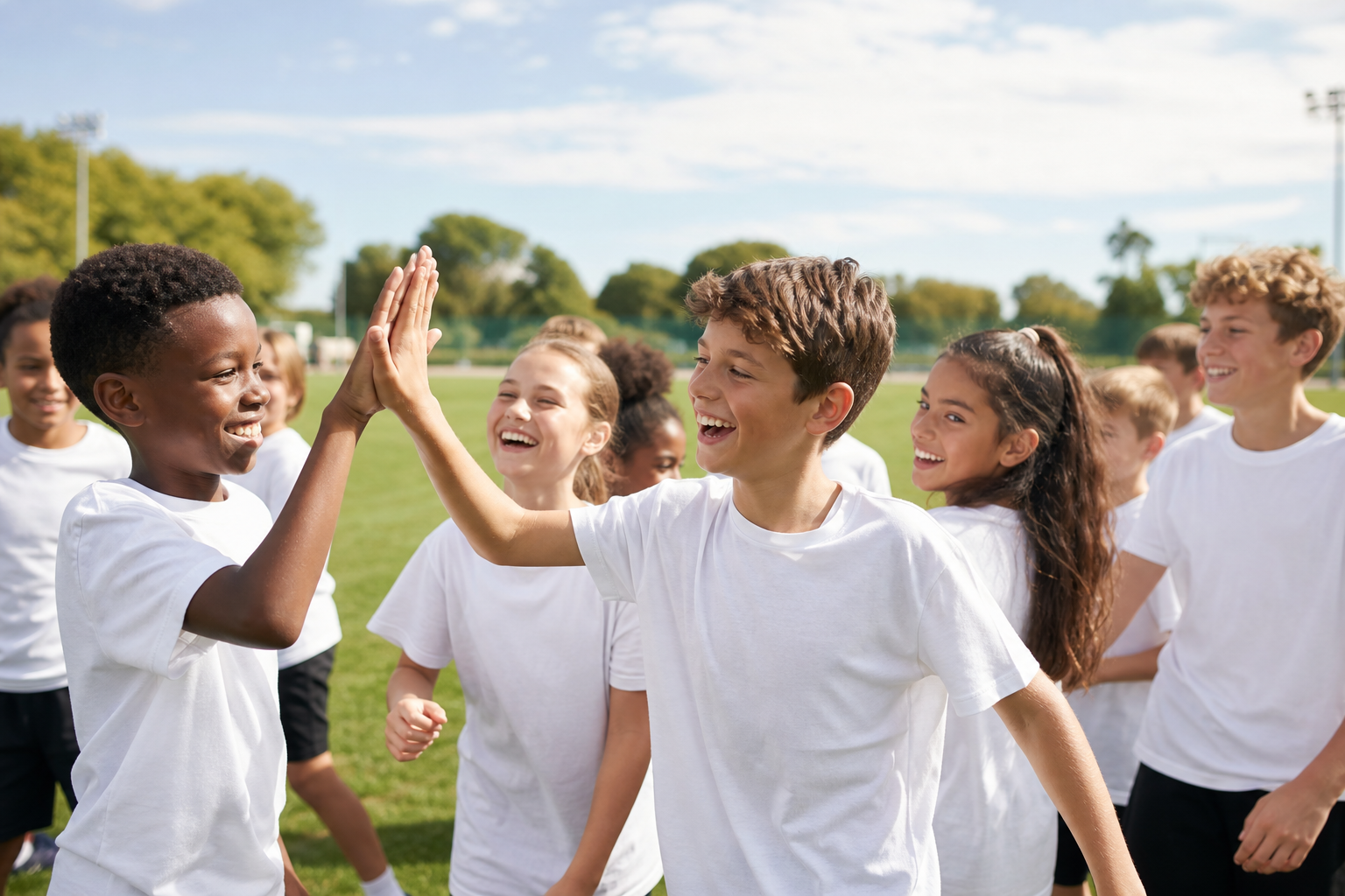 Kids smiling and having fun together at an outdoor youth camp, all wearing white t-shirts.