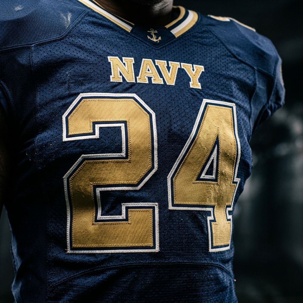Close-up of a navy and gold football jersey.
