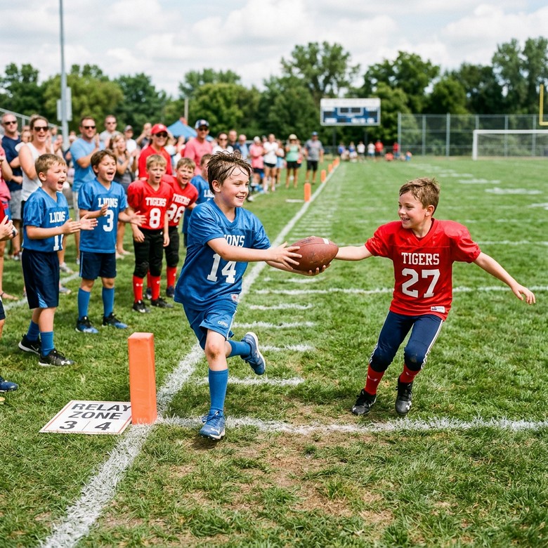 Teen athletes competing in a football drill while others watch.