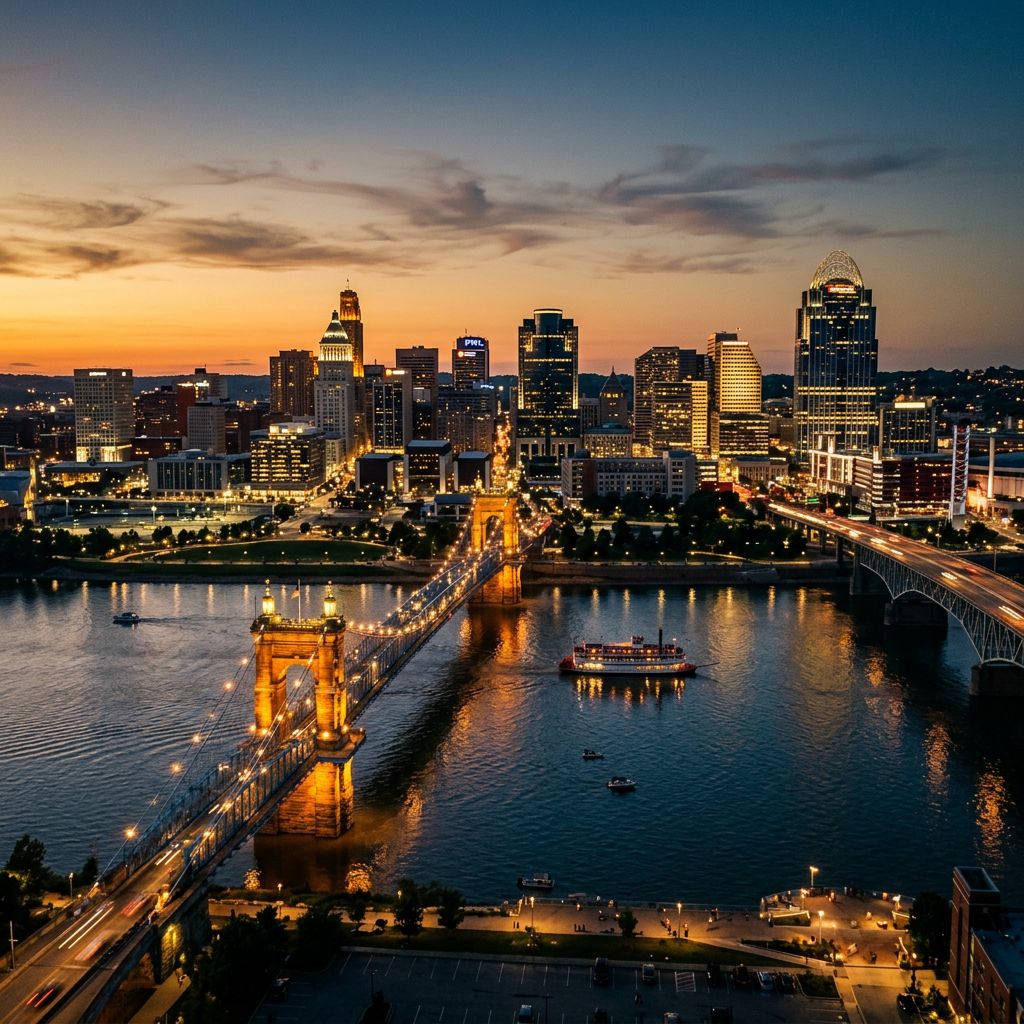 Cincinnati skyline at dusk.