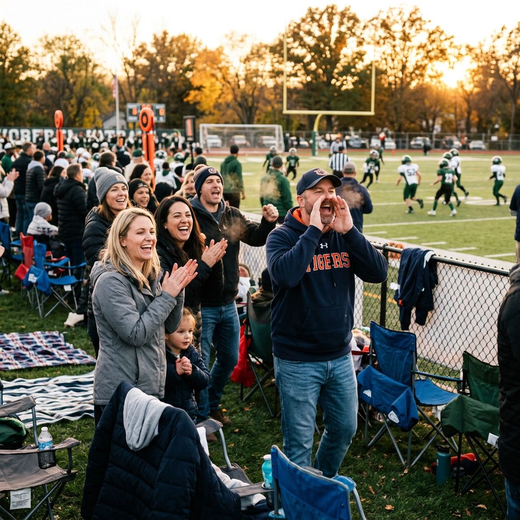 Parents cheering from the sideline at a youth football event.