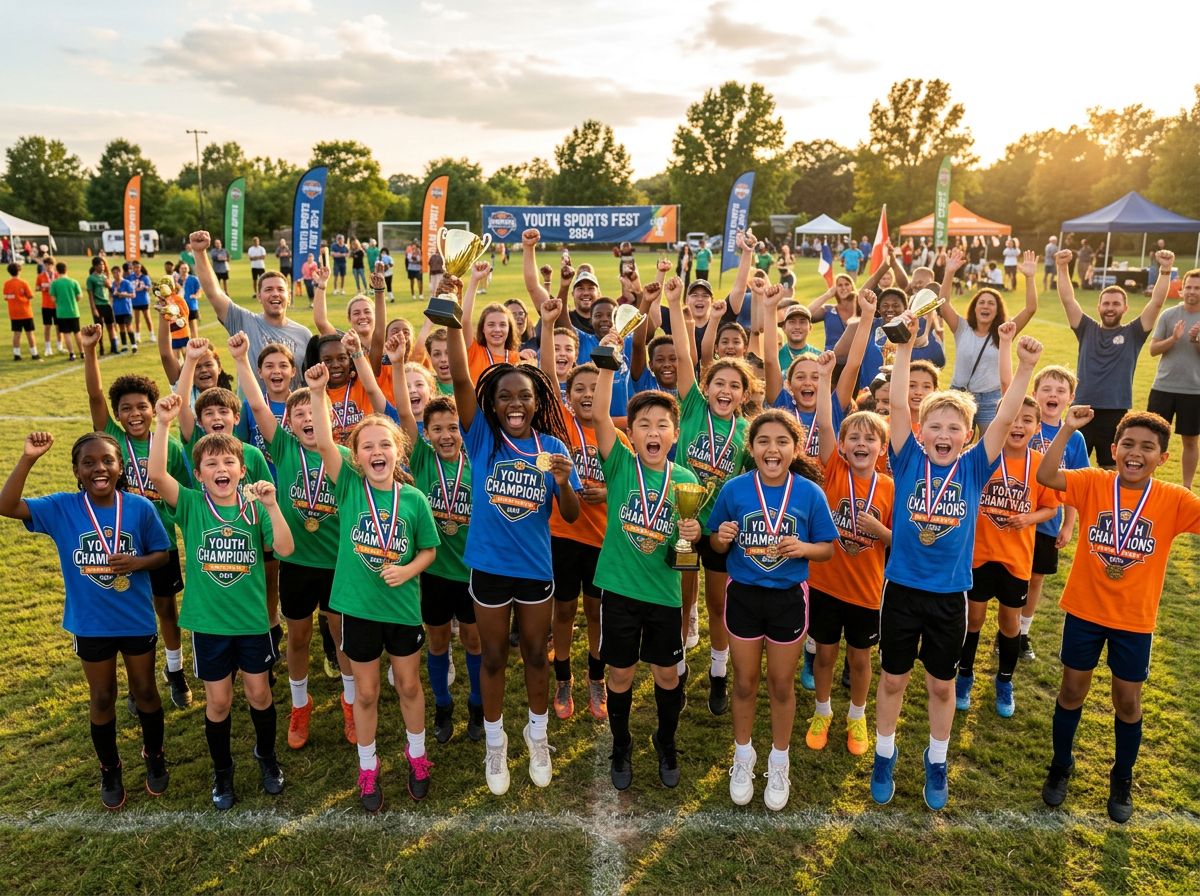 Kids celebrating with prizes after a youth sports event.