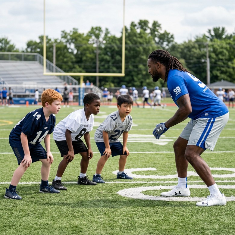 Football player coaching young athletes through a catching drill.