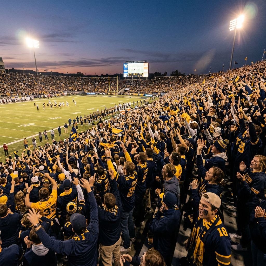 Packed football stadium crowd cheering.
