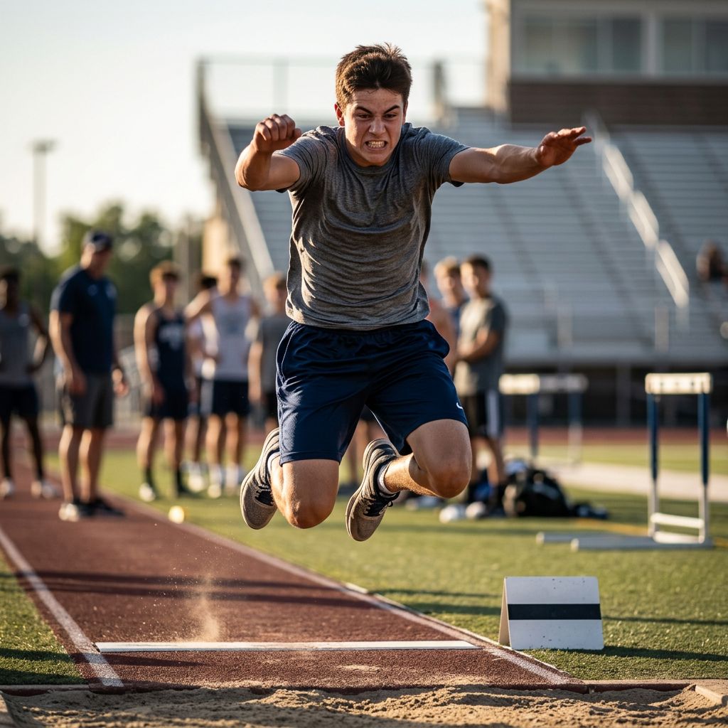 Teen athlete jumping during a football combine test.