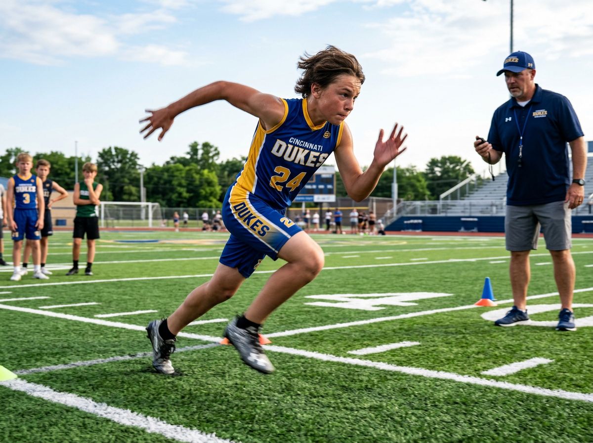 Youth football athlete sprinting during a combine testing lane.