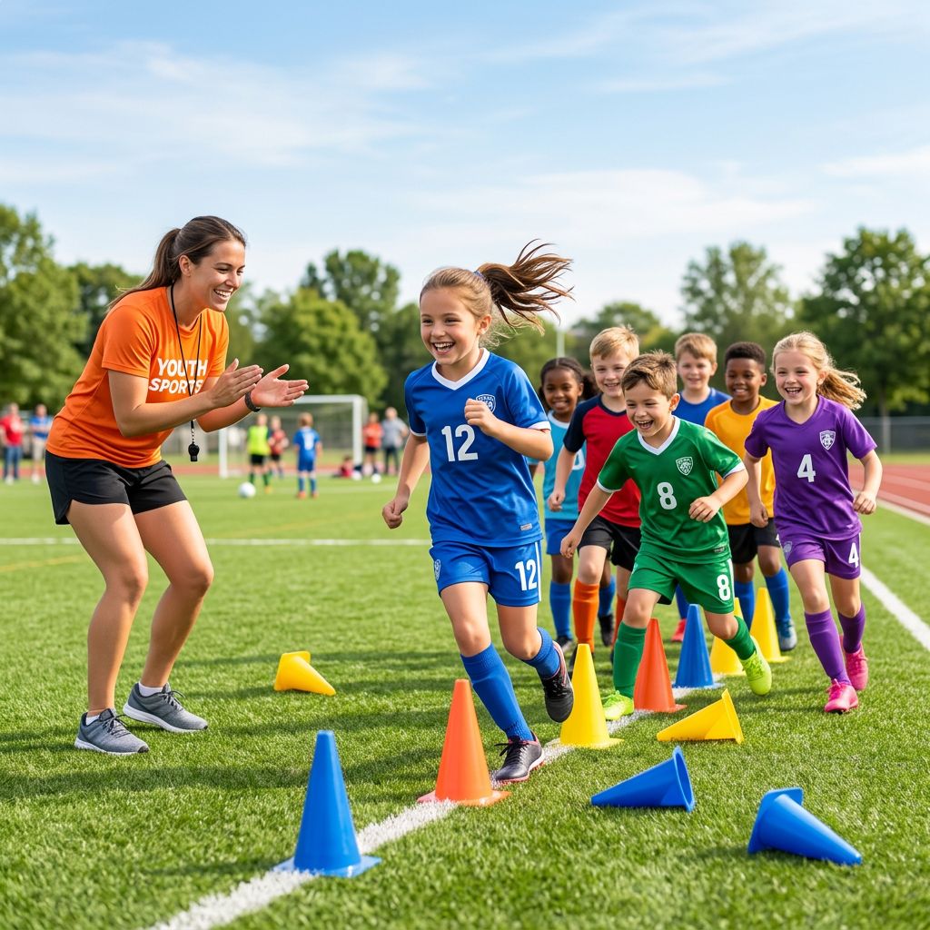Younger kids running an agility cone drill.